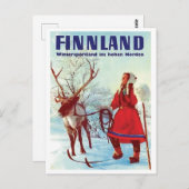 Finse sneeuw, vrouw op ski met herten,  briefkaart (Voorkant / Achterkant)