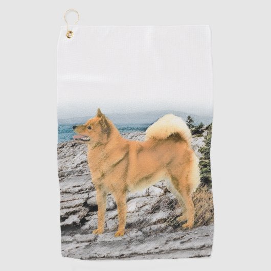 Finse spitz bij Seashore-schilderij - Dog Art Golfhanddoek (Voorkant)