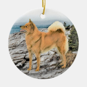 Finse spitz bij Seashore-schilderij - Dog Art Keramisch Ornament