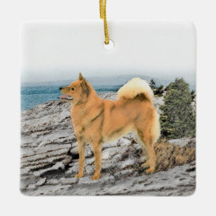 Finse spitz bij Seashore-schilderij - Dog Art Keramisch Ornament