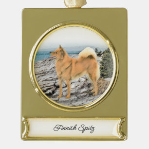 Finse spitz bij Seashore-schilderij - Dog Art Verguld Banner Ornament