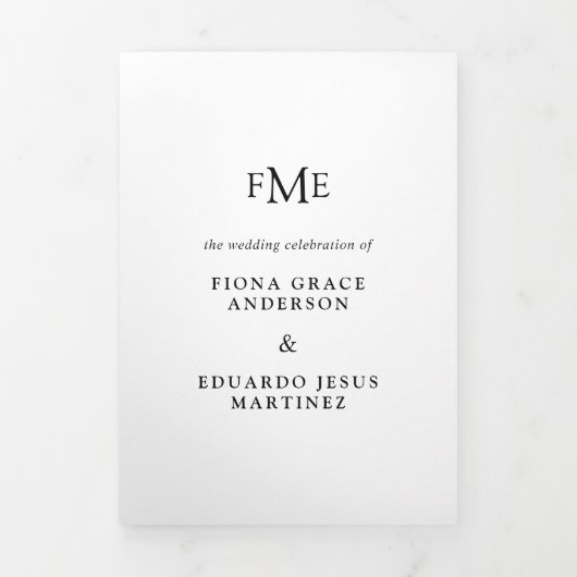 Fiona Black Bold Monogram Moderne bruiloft Drieluik Uitnodiging (Cover)
