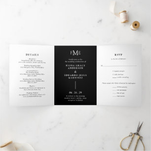 Fiona Black Bold Monogram Moderne Trouwkaart Drieluik Uitnodiging