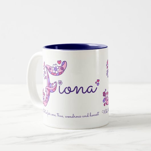 Fiona-naam betekent hartbloem F monogram mok (Voorkant links)