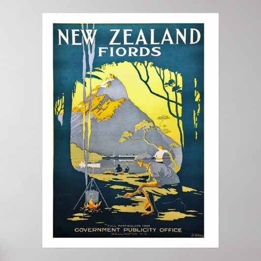 Fiords néo-zélandais, affiche de voyage vintage (Devant)