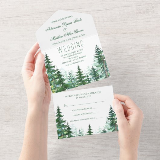 Fir Tree All in One Wedding Invite All In One Uitnodiging (Afscheurbaar)