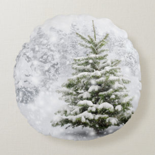Fir Tree in Thick Snow Rond Kussen