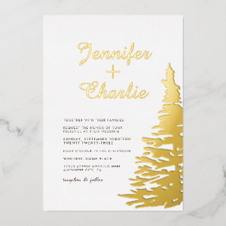 Fir Tree Minimalist Modern White Gold Wedding Folie Uitnodiging