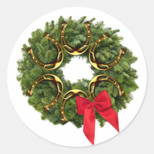 Fir Wreath met Gold Hoefijzers en Red Bow Ronde Sticker