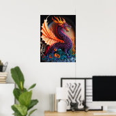 Fire Dragon Castle Fantasy Art Mythical Creaters Poster (Thuiskantoor)