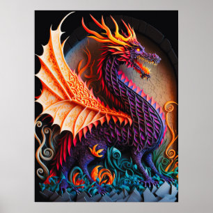 Fire Dragon Castle Fantasy Art Mythical Creaters Poster
