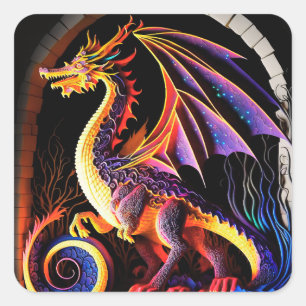 Fire Dragon Castle Fantasy Art Mythical Creaters Vierkante Sticker