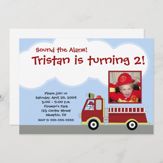 Fire Engine *PHOTO* Birthday Uitnodiging (Voorkant / Achterkant)