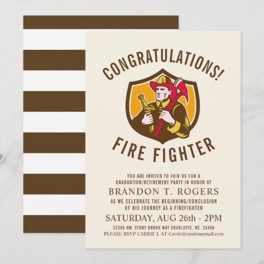 Fire Fighter Retro Style Afstuderen Aankondiging (Voorkant / Achterkant)