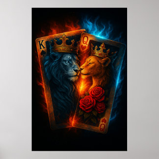 Fire & Ice Lions — Epic King & Queen Card Art Poster