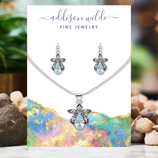 Fire Opal Rainbow Gemstone Ketting Display Kaart Visitekaartje