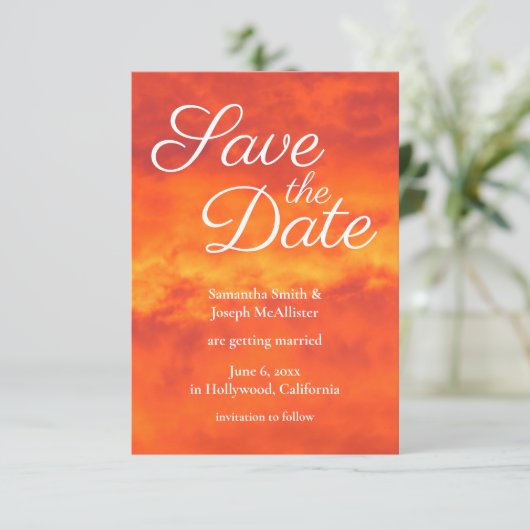 Fire Oranje Cloudy Sunset Photo Save the Date Kaart (Staand voorkant)