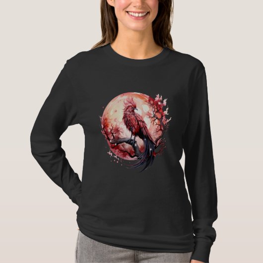 Fire Phoenix Bird Sakura Tree Mythical Bird Moon P T-shirt (Voorkant)
