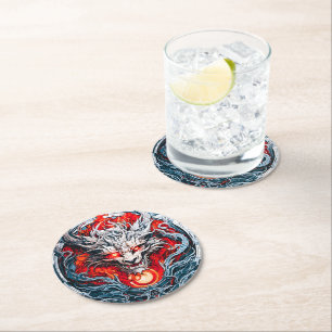 Fire Red Flame Mythical Dragon Head Ronde Kartonnen Onderzetter