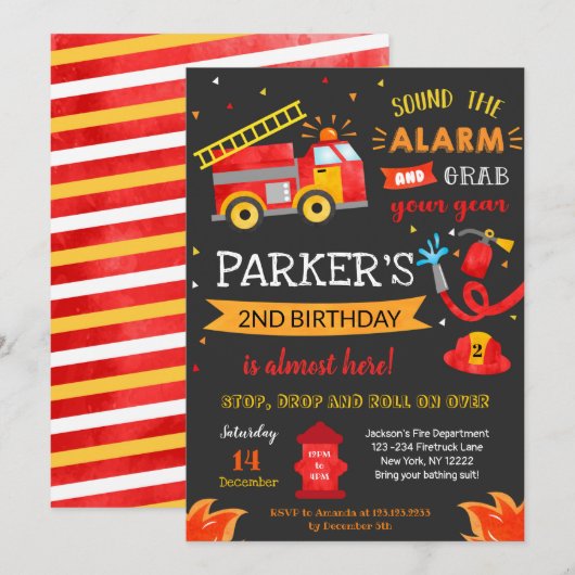 Fire Truck Birthday Party Invitation Fireman Kaart (Voorkant / Achterkant)