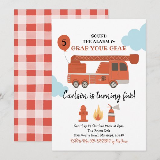 Fire Truck Boy Birthday Party Invitation Kaart (Voorkant / Achterkant)