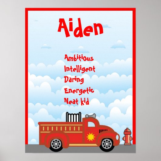 Fire Truck Boys Nom de la chambre Art Wall Poster (Devant)