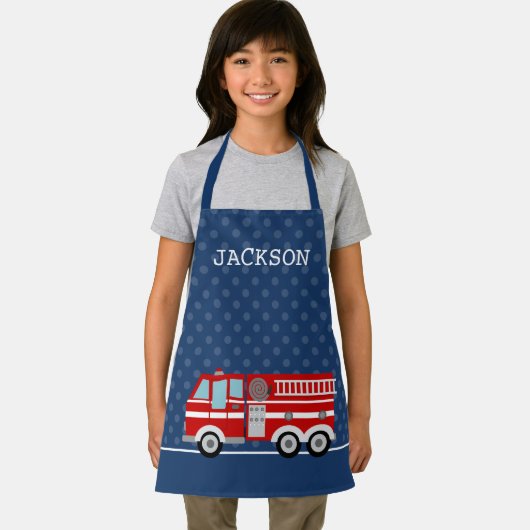 Fire Truck Navy Blue Polka Dot Aangepast Kind Schort (Insitu)