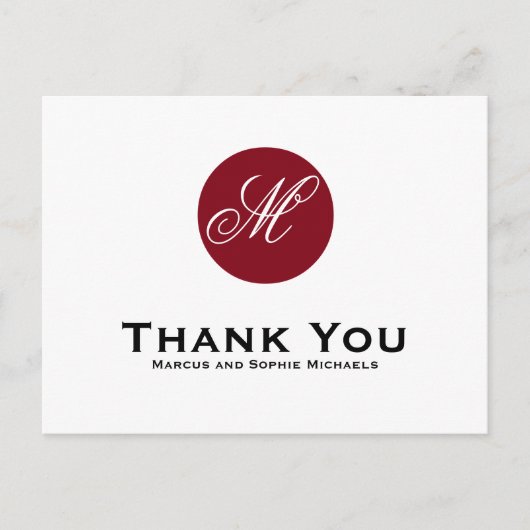 Firebrick Red Circle Monogram Dank u Briefkaart (Voorkant)