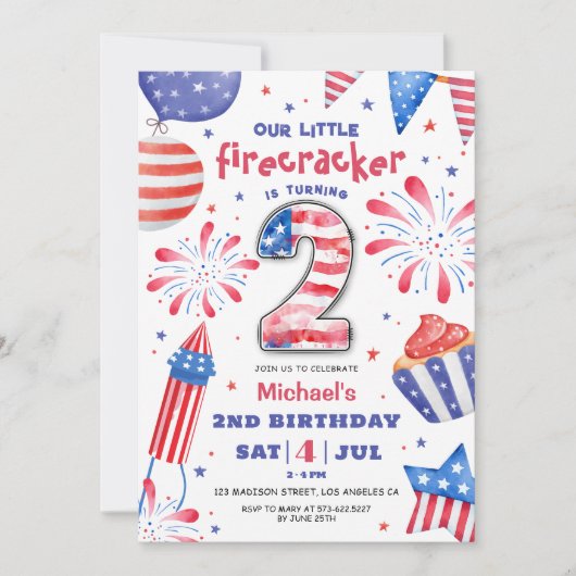 Firecracker 4 juli 2 Verjaardag Patriottisch Schat Kaart (Voorkant)