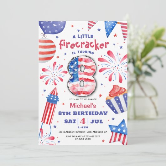 Firecracker 4 juli 8 Verjaardag Patriottisch Schat Kaart (Staand voorkant)