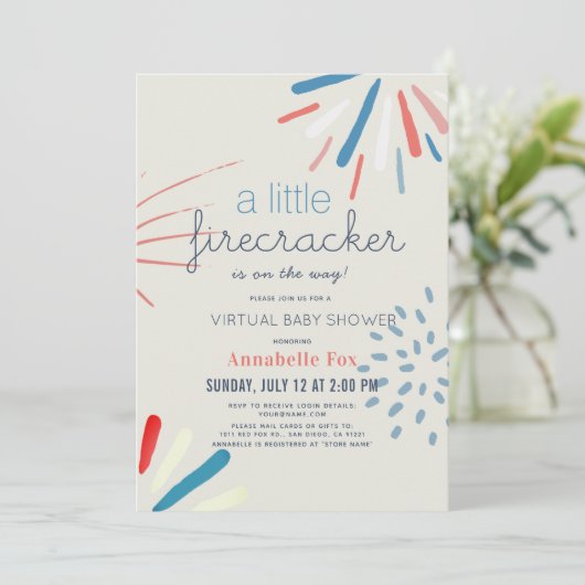 Firecracker 4 juli virtueel Baby shower Kaart (Staand voorkant)