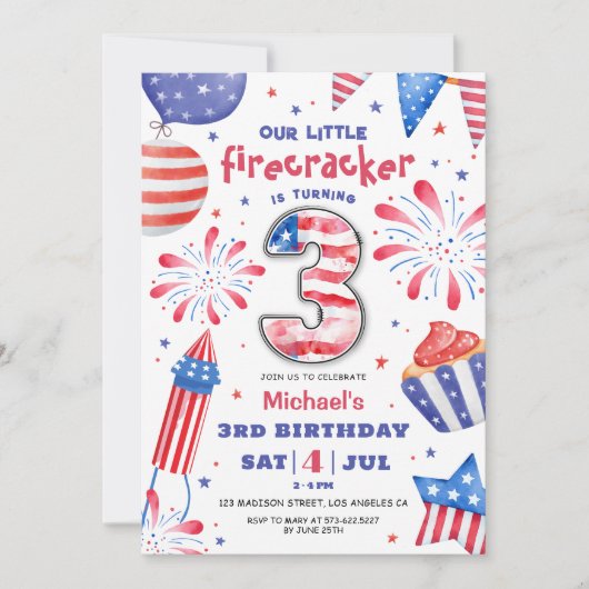Firecracker 4th juli 3rd Birthday Patriotic Schatt Kaart (Voorkant)
