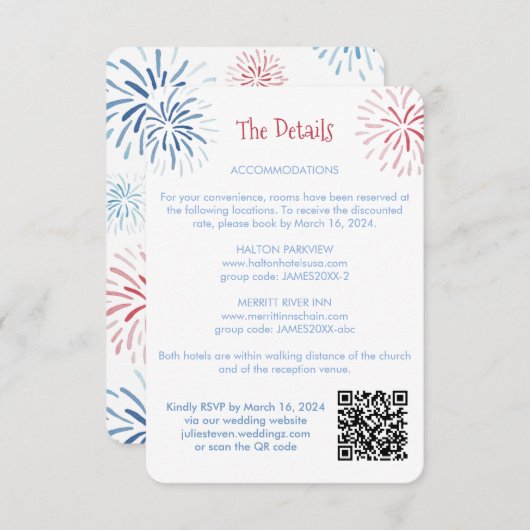 Firecracker Rood Wit Blauw QR Code Bruiloft Detail Informatiekaartje (Voorkant / Achterkant)