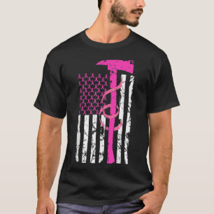 Firefighter Breast Cancer Awareness USA Flag Pink T-shirt