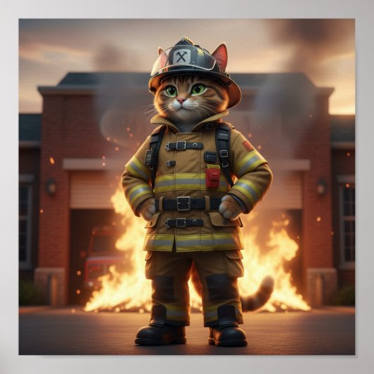 Firefighter Cat Poster – 3D Hero Cat Wall Art (Devant)