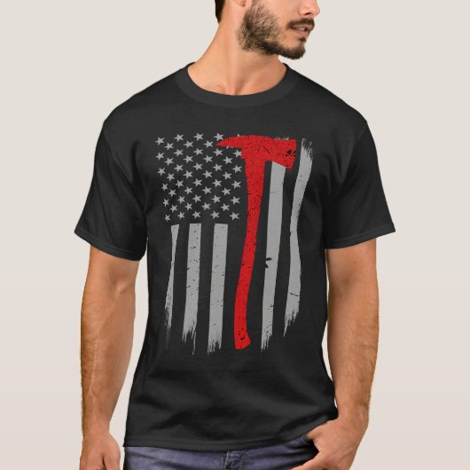 Firefighter Flag Thin Red Line Firefighter Axe T-shirt (Voorkant)