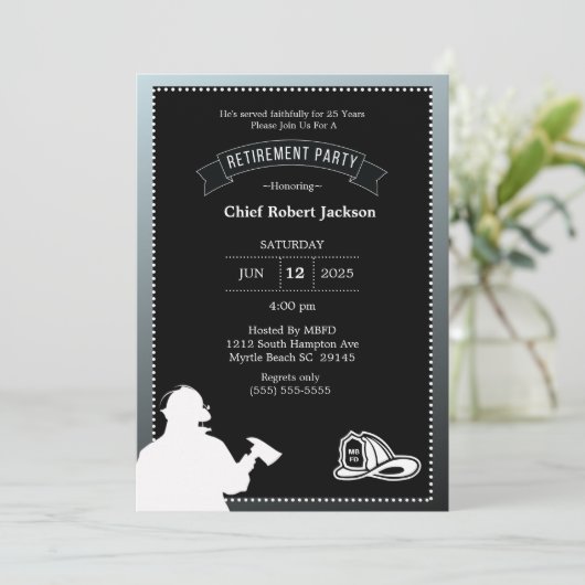 Firefighter Grey Black Retraite Party Invitation (Debout devant)