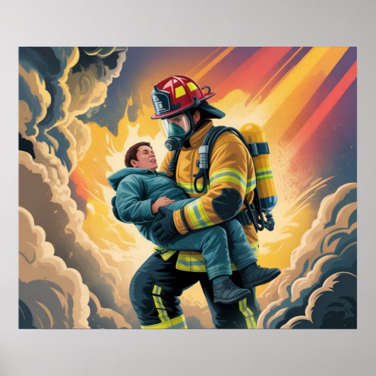 Firefighter Hero Rescue Scene Poster (Devant)