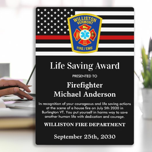 Firefighter Life Saving Award Thin Red Line Fotoplaat