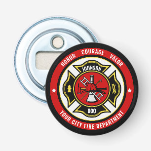 Firefighter Rescue ADD NAME Fire Department Badge Button Flesopener