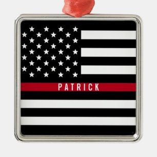 Firefighter Thin Red Line American Flag Monogram Metalen Ornament
