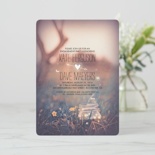 Fireflies Mason Jar Rustic Garden Engagement Party Kaart (Staand voorkant)