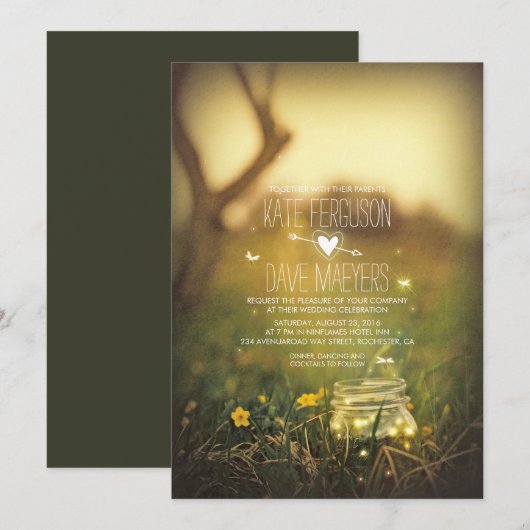 Fireflies Mason Jar Rustic Garden Invitations de m (Devant / Derrière)
