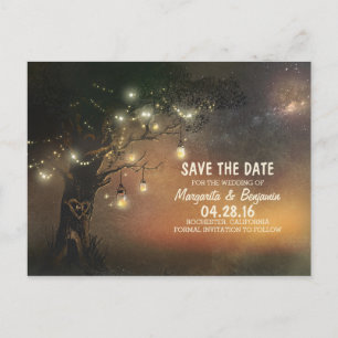 Fireflies mason jar tree rustige save the date aankondigingskaart