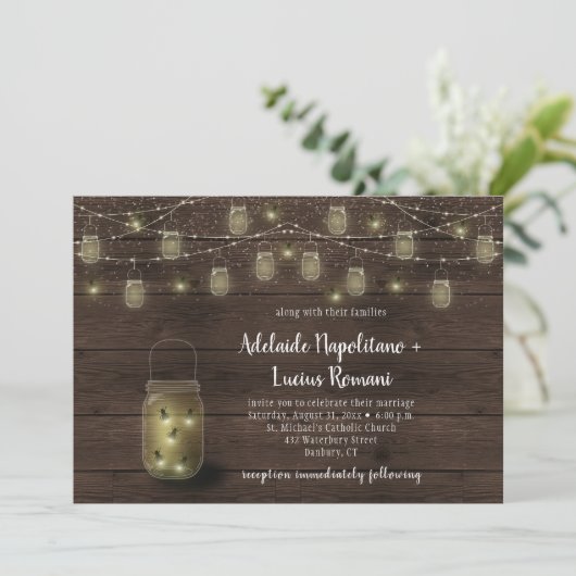 Fireflies Mason Jars String Lights Wedding Kaart (Staand voorkant)