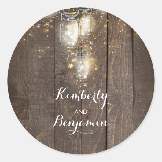 Firefly Lights Mason Jars Rustieke bruiloft Ronde Sticker (Voorkant)