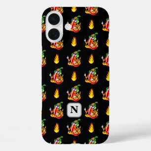 Fireman Chili Black Flame Design Custom Initiaal iPhone 16 Plus Hoesje