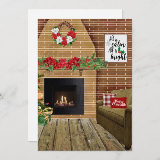 Fireplace all is kalm All is Bright Kerstkaart (Voorkant / Achterkant)