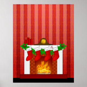Fireplace met kerstdecorrectie Red Wallpaper Poster