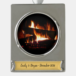 Fireplace Warm Winter Scene Photography Verzilverd Banner Ornament